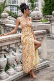 Yellow Flower Front Twist A Line Wedding Guest Dress with Slit