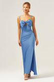 Blue Mermaid Spaghetti Straps Bowknot Satin Bridesmaid Dress with Slit