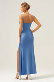 Blue Mermaid Spaghetti Straps Bowknot Satin Bridesmaid Dress with Slit