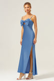 Blue Mermaid Spaghetti Straps Bowknot Satin Bridesmaid Dress with Slit