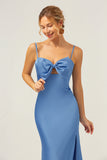 Blue Mermaid Spaghetti Straps Bowknot Satin Bridesmaid Dress with Slit