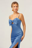 Blue Mermaid Spaghetti Straps Bowknot Satin Bridesmaid Dress with Slit