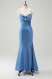 Blue Mermaid Spaghetti Straps Bowknot Satin Bridesmaid Dress with Slit