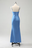 Blue Mermaid Spaghetti Straps Bowknot Satin Bridesmaid Dress with Slit