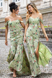 Green A Line Cold Shoulder Floral Wedding Guest Dress with Slit