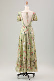 Green Flower A Line Twist Front Wedding Guest Dress with Lace Up Back
