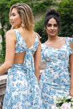White Blue Flower A Line Ruffled Cut Out High-Low Wedding Guest Dress