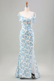 Elegant White Blue Flower Mermaid Wedding Guest Dress with Slit
