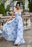Blue Floral A Line Sweetheart Pleated Chiffon Wedding Guest Dress