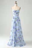 Blue Floral A Line Sweetheart Pleated Chiffon Wedding Guest Dress