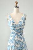 White Blue Flower A Line Ruffled Cut Out High-Low Wedding Guest Dress