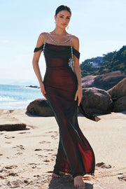 Black Red Mermaid Off the Shoulder Beaded Bridesmaid Dress with Slit