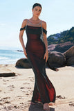 Sparkly Black Red Mermaid Cold Shoulder Long Bridesmaid Dress