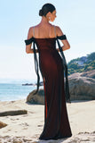 Sparkly Black Red Mermaid Cold Shoulder Long Bridesmaid Dress