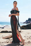 Black Red Mermaid Off the Shoulder Beaded Bridesmaid Dress with Slit