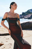 Black Red Mermaid Off the Shoulder Beaded Bridesmaid Dress with Slit