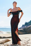 Black Red Mermaid Off the Shoulder Beaded Bridesmaid Dress with Slit