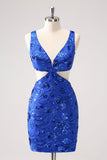 Royal Blue Bodycon Cut Out Short Prom Dress with Beading