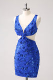 Royal Blue Bodycon Cut Out Short Prom Dress with Beading