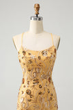 Glitter Yellow Sequined Embroidery Tight Short Prom Dress with Beading