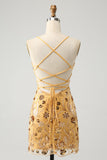 Glitter Yellow Sequined Embroidery Tight Short Prom Dress with Beading