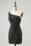 Glitter Black One Shouder Tight Short Prom Dress with Beading