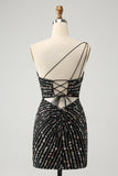 Glitter Black One Shouder Tight Short Prom Dress with Beading