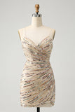 Glitter Champagne Spaghetti Straps Tight Short Prom Dress with Sequins