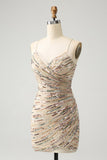 Glitter Champagne Spaghetti Straps Tight Short Prom Dress with Sequins