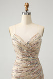 Glitter Champagne Spaghetti Straps Tight Short Prom Dress with Sequins