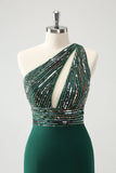 Glitter Dark Green Tight One Shoulder Cut-Out Prom Dress