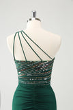 Glitter Dark Green Tight One Shoulder Cut-Out Prom Dress