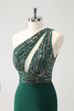 Glitter Dark Green Tight One Shoulder Cut-Out Prom Dress