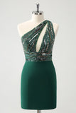 Glitter Dark Green Tight One Shoulder Cut-Out Prom Dress