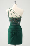 Glitter Dark Green Tight One Shoulder Cut-Out Prom Dress