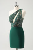 Glitter Dark Green Tight One Shoulder Cut-Out Prom Dress