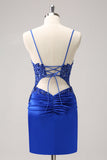 Sparkly Royal Blue Sequin Tight Short Prom Dress With Lace Up Back