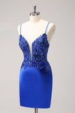 Sparkly Royal Blue Sequin Tight Short Prom Dress With Lace Up Back