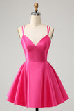 Fuchsia A Line Spaghetti Straps Backless Short Cute Prom Dress