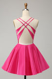 Fuchsia A Line Spaghetti Straps Backless Short Cute Prom Dress