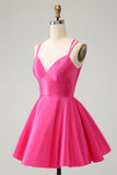 Fuchsia A Line Spaghetti Straps Backless Short Cute Prom Dress