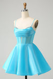 Cute Glitter Blue A Line Spaghetti Straps Corset Prom Dress with Beading