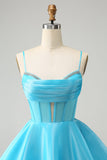 Cute Glitter Blue A Line Spaghetti Straps Corset Prom Dress with Beading