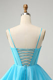 Cute Glitter Blue A Line Spaghetti Straps Corset Prom Dress with Beading