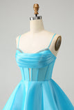 Cute Glitter Blue A Line Spaghetti Straps Corset Prom Dress with Beading