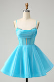 Cute Glitter Blue A Line Spaghetti Straps Corset Prom Dress with Beading