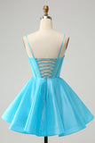 Cute Glitter Blue A Line Spaghetti Straps Corset Prom Dress with Beading