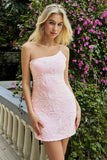 Pink One Shoulder Applique Sequins Mini Bodycon Prom Dress