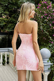 Pink One Shoulder Applique Sequins Mini Bodycon Prom Dress