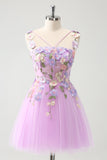 Elegant Purple A Line Halter Flowers Tulle Short Prom Dress with Lace Up Back